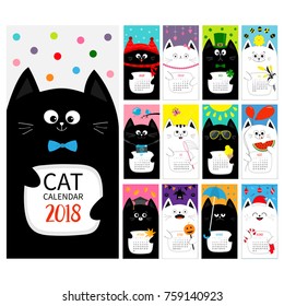 Cat vertical monthly calendar 2018 cover. All month. Cute cartoon character set. Happy Valentines St Patrick day Christmas Easter Egg Bird Chicken Umbrella, rain. Santa hat, sun symbol Flat Vector