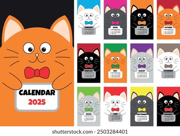 Cat vertical monthly calendar 2025 year with cover. All month. Cute cartoon character set.  Flat Vector
