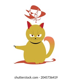A cat very angry indicating the exit. Red and yellow cat isolated on white background. Funny Editable Vector illustration
