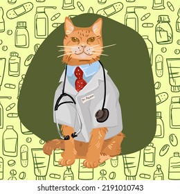 A Cat In A Veterinarian Costume On A Background Of A Green Pattern With Pills. A Veterinarian Named Dr. Meow Treats All Animals. Illustration For A Postcard, Banner, Flyer.