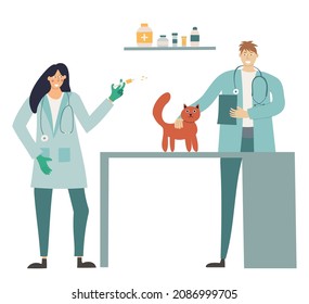 A cat in a veterinary clinic. Vet examination and vaccination, vector illustration
