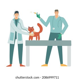 A cat in a veterinary clinic. Vet examination and vaccination, vector illustration
