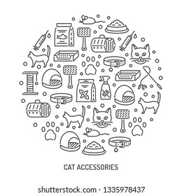 Cat and veterinary pets accessories outline icons. Vector round background for vet clinic, pet shop or shelter