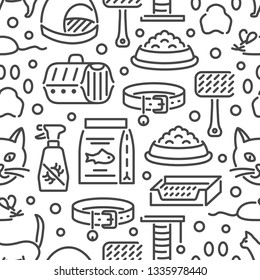 Cat and veterinary pets accessories outline icons. Vector seamless pattern, wallpaper for vet clinic, pet shop or shelter