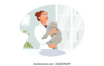 Cat at veterinary visit in medical clinic office. Gray kitty in hands not anxiety and stress on therapy at vet appointment of veterinarian young woman. Vector illustration isolated on white background