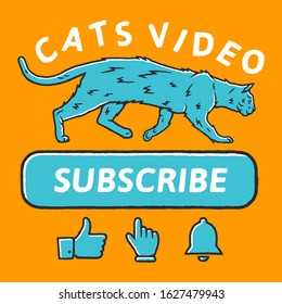 Cat Video concept. Red Button Subscribe to channel, Bell button, Hand Cursor, Video Content. Social media and Cat concept on yellow background isolated. Stock Vector Illustration. 