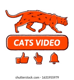Cat Video concept. Red Button Subscribe to channel, Bell button, Hand Cursor, Video Content. Social media and Cat concept on white background isolated. Stock Vector Illustration. 