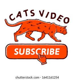 Cat Video concept. Red Button Subscribe to channel, Hand Cursor, Video Content. Social media and Cat concept on white background isolated. Stock Vector Illustration. 