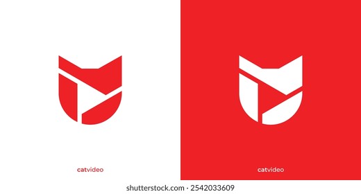 Katzenvideo-Logo. Abstrakte Katz- und Play-Taste mit minimalistischem Stil. Haustier-Kamera-Logo, Symbol, Symbol, Vektordesign-Inspiration.