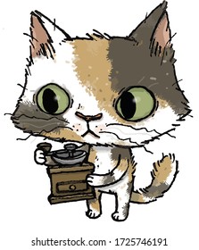 the cat with a vintage coffee grinder