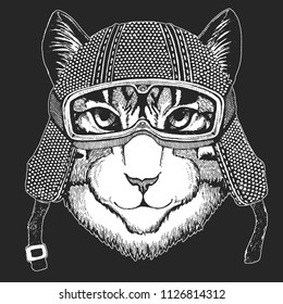 Cat. Vintage motorcycle hemlet. Retro style illustration with animal biker for children, kids clothing, t-shirts. Fashion print with cool character. Speed and freedom.
