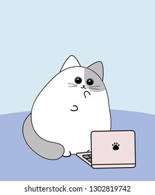 Cat Vintik sitting at the computer. Cute cat typing on the computer. Vector image of a cute cat.