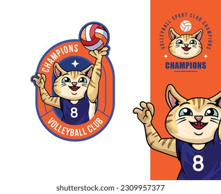 Cat volleyball mascot sports club team badge. Cat volleyball team design with the ball for school, college, or league