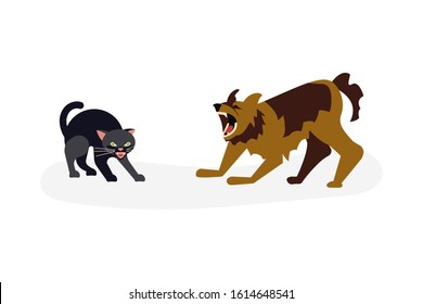 Cat vs dog concept. Dog attack to kitty, cat is arching his back and hissing isolated. Flat Art Vector Illustration