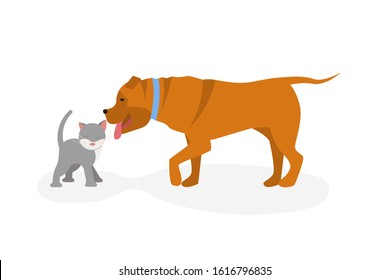 Cat vs dog concept. Dog licked to kitty, cat is purrs and rubs against the dog isolated. Flat Art Vector Illustration