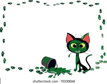 Cat vs paint. The vector illustration of funny cat played with bucket of paint. No mesh, no gradients. Easy to change color of paint.