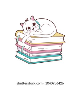 the cat waiting on top of the book