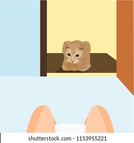 a cat waiting outside the bathroom and staring while  owner sitting on the toilet illustration.