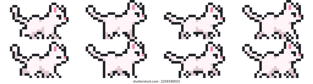 Cat walk cycle animation 8 bit pixel art. Cartoon animate frame by frame, sprite sheet for video game, vector illustration isolated on white background.