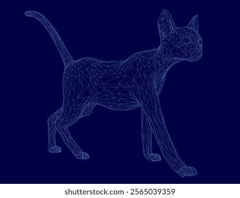 Cat is walking on a blue background. The cat is drawn in a very detailed and realistic way, with its fur and body structure captured perfectly. The blue background adds a sense of calmness