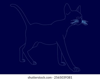 Cat is walking on a blue background. The cat is looking at the camera. The cat contour