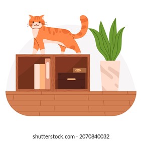 The cat is walking on the bookshelf. Vector illustration of a cat in the house.