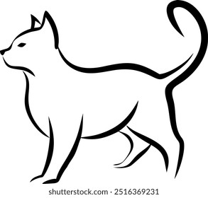 A cat is walking on a white background. The cat is drawn in a simple, stylized way