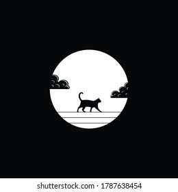 Cat walking on wires in the middle of the full moon vector illustration logo icon sign template
