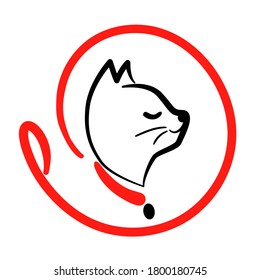 Cat walking service logo in line style on round from leash. Happy kitty training icon. Walk pet symbol in black red vector outline illustration. Simple Cartoon animal logotype.