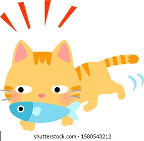 Cat walking sneakily with a fish in its mouth