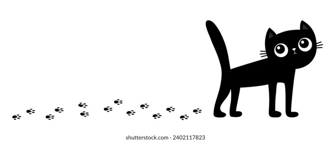 Cat walks. Black kitten with big eyes. Paw print track. Footpath trail silhouette. Footprint set. Cute cartoon kawaii funny baby character. Pet animal. White background. Isolated. Flat design. Vector