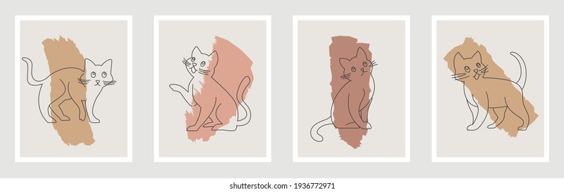 Cat  wall art vector set. boho earth tone line art drawing with abstract shape. Abstract Plant Art design for print, cover, wallpaper, Minimal and natural wall art.