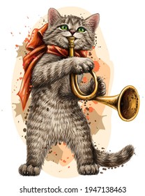 Cat. Wall sticker. Color, graphic portrait of cute kitten with a pipe on a white background in watercolor style. Digital Vector Graphics.  Individual layers