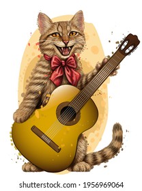 Cat. Wall sticker. Color, graphic portrait of cute kitten with a guitar on a white background in watercolor style. Digital Vector Graphics.  Individual layers