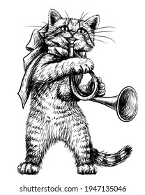 Cat. Wall sticker. Graphic, black and white sketch cute kitten with a pipe on a white background. Digital Vector graphics.