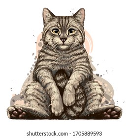 Cat. Wall sticker. Realistic, color, artistic portrait of a sitting cat in watercolor style on a white background.