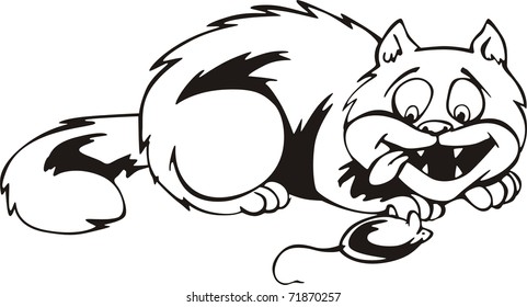 A cat wanted to catch and eat a small mouse. Vector EPS Illustration, black and white sketch of a funny cat in cartoon style.