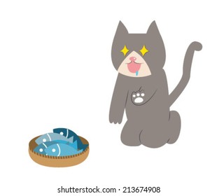 Un gato que quiere una canasta de pescado tan malo, Imagen de Vector