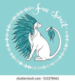Cat in war bonnet with round tribal border. Pets hand drawn portrait with native American Indian chief headdress. Free spirit freehand lettering. Vector illustration.
