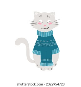 Cat in a warm winter sweater, funny pets, vector illustration. Isolated. Flat design.