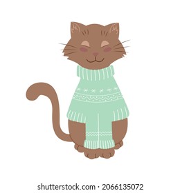 Cat in a warm winter sweater, funny pets, vector illustration. Isolated. Flat design.
