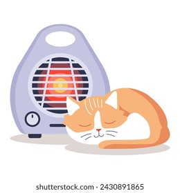 The cat warms itself next to the heater. flat vector illustration.
