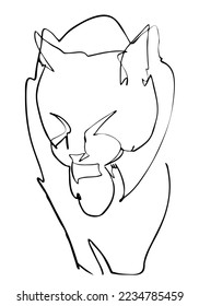 Cat washes licking paw. Black kitty portrait drawn in ink, vector illustration, quick sketch. Symbol of 2023 according to the Chinese calendar, line art