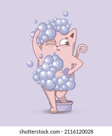 The cat washes in the shower, in soap foam with bubbles. Cartoon character, animal collection. Vector illustration in a flat style