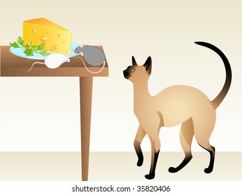 The cat watches the mouse which eats cheese on a table