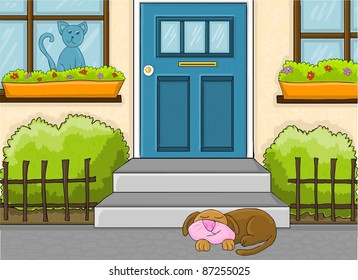 a cat watching a dog sleeping