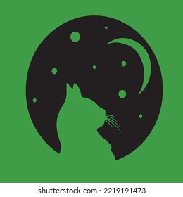Cat watching the moon design made on a green pattern