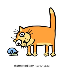 Cat watching the snail. Vector illustration. Cheerful pet and funny slug.