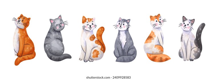 Cat watercolor. Cute cartoon kitten happy meow animal grey and red, isolated set, kitty painting little pets, love greeting, fluffy character funny invitation design elements. Vector tidy illustration