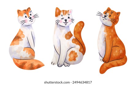 Cat watercolor. Cute pet sitting different angles view, drawing domestic animal, Adorable happy kitten isolated on white background, veterinary mascot, childish nursery decor, vector illustration